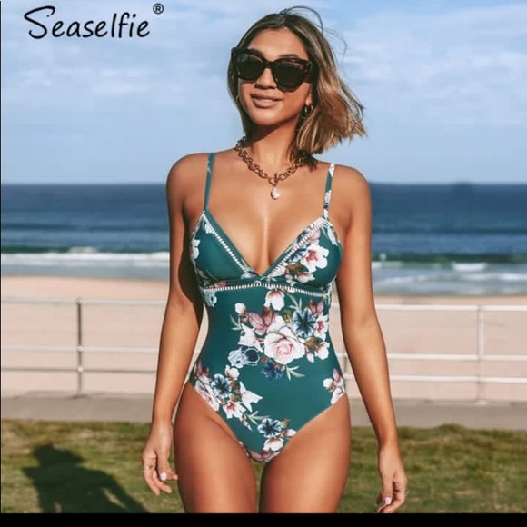 Other - V-neck lace up monokini green floral monokini bathing suit beach wear#53